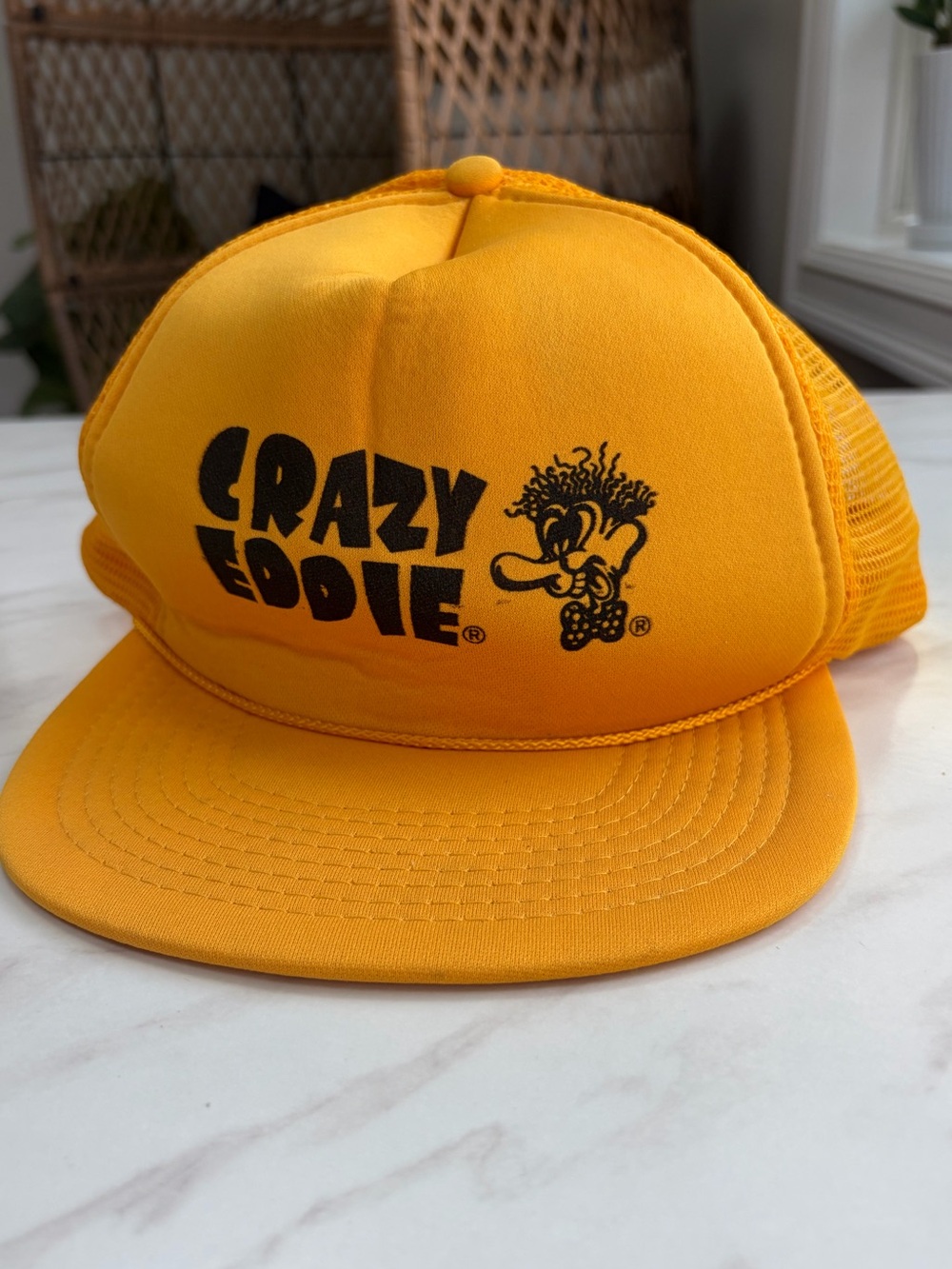 Vintage Crazy Eddie Eddies Snapback Trucker Baseball Promo Mesh Hat Cap Yellow